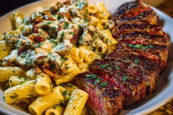 Cheesy Cajun Garlic Butter Steak with Creamy Rigatoni 1