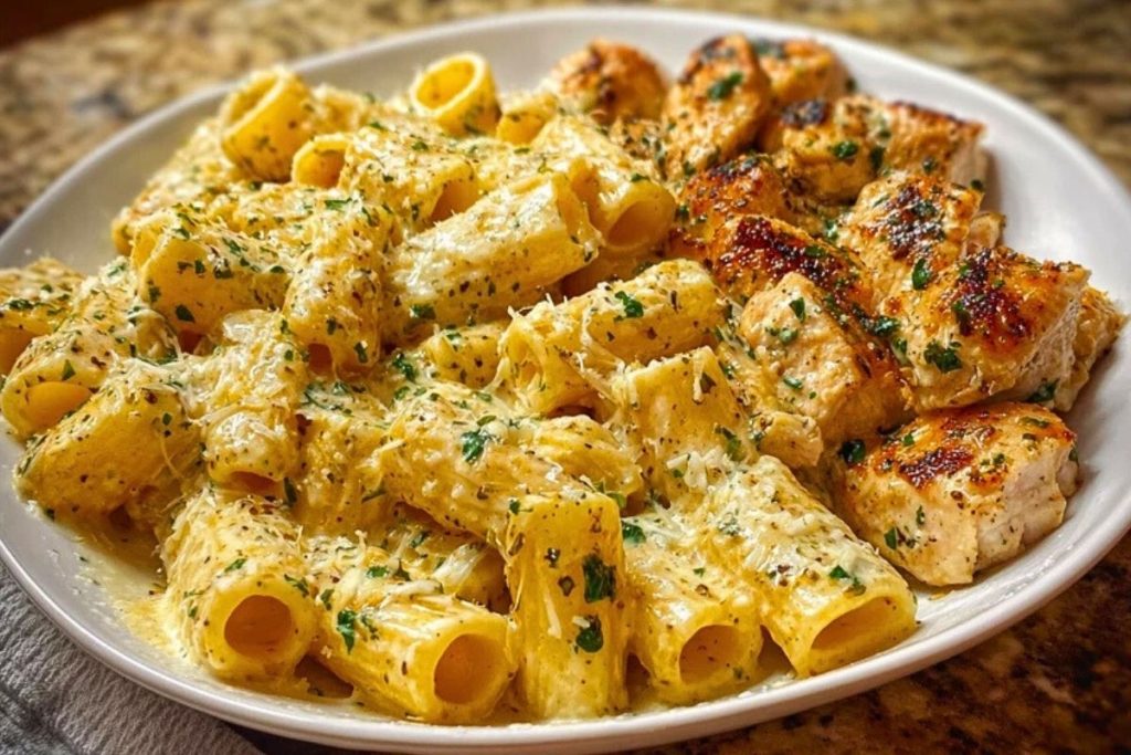 Cheesy Garlic Butter Chicken Rigatoni in Creamy Alfredo Sauce