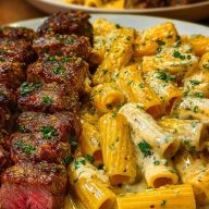 Cheesy Garlic Butter Steak with Rigatoni in Four-Cheese Sauce