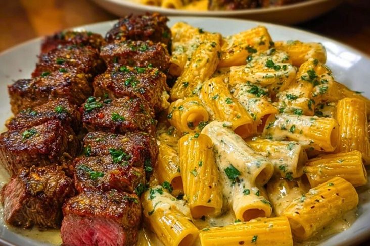 Cheesy Garlic Butter Steak with Rigatoni in Four-Cheese Sauce