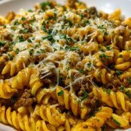 Cheesy Rotini Pasta with Garlic Butter Sauce and Ground Beef