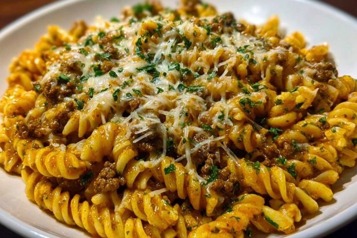 Cheesy Rotini Pasta with Garlic Butter Sauce and Ground Beef