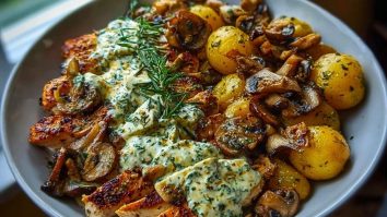 Chestnut Garlic Greek Chicken Alfredo with Sage Potatoes & Mushroom Pesto Cream
