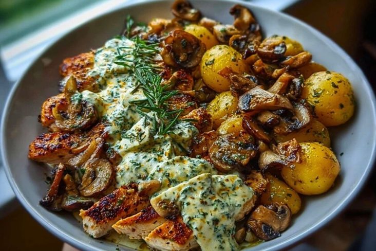 Chestnut Garlic Greek Chicken Alfredo with Sage Potatoes & Mushroom Pesto Cream