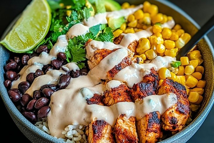 Chipotle Chicken Bowl with Black Beans, Corn, & Creamy Sauce
