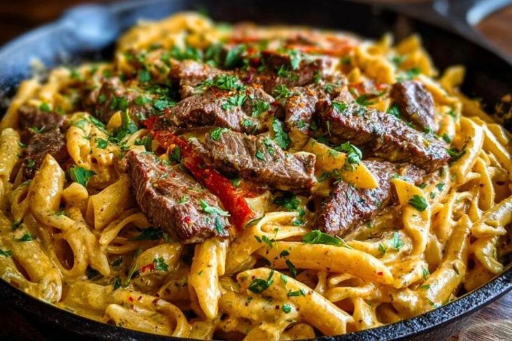 Creamy Cajun Butter Tender Steak Pasta Skillet 1