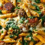 Creamy Garlic Butter Beef Penne with Sausage and Spinach 1