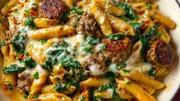 Creamy Garlic Butter Beef Penne with Sausage and Spinach 1