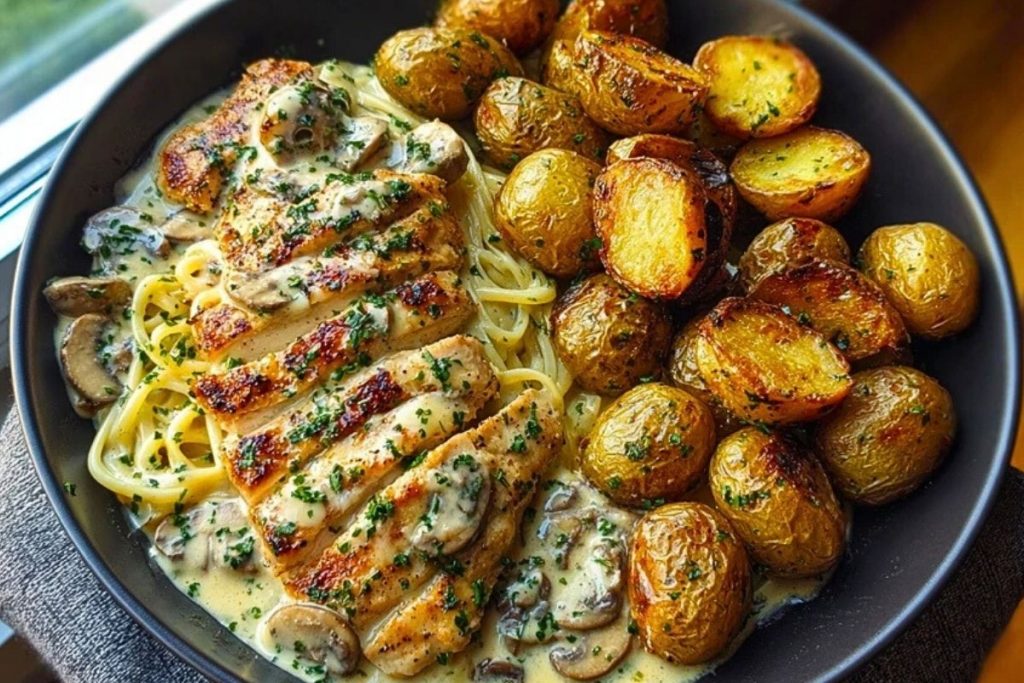 Creamy Mushroom Chicken Alfredo with Hot Honey Roasted Potatoes