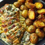 Creamy Mushroom Chicken Alfredo with Hot Honey Roasted Potatoes