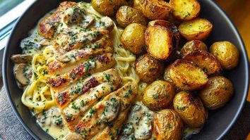 Creamy Mushroom Chicken Alfredo Recipe with Hot Honey Roasted Potatoes