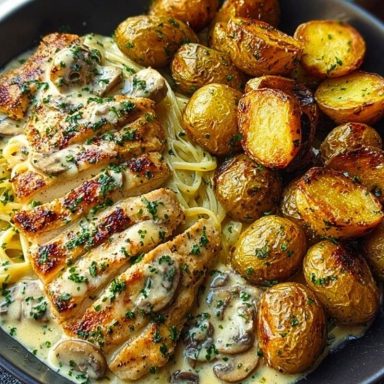 Creamy Mushroom Chicken Alfredo Recipe with Hot Honey Roasted Potatoes