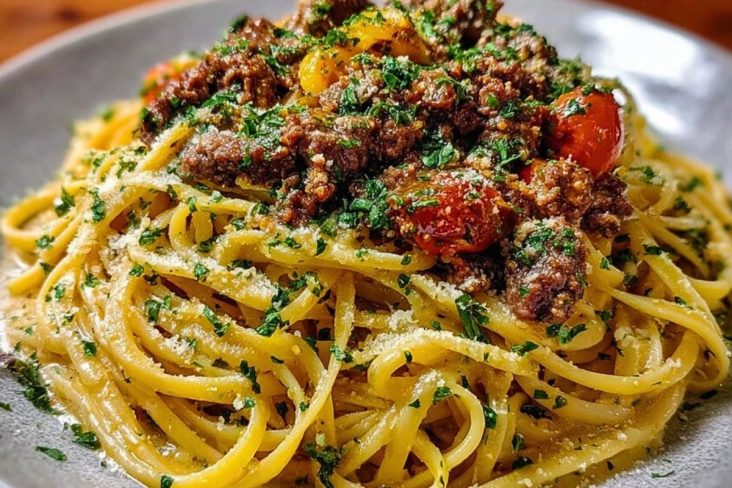 Creamy Parmesan Beef Linguine with Garlic Butter Sauce
