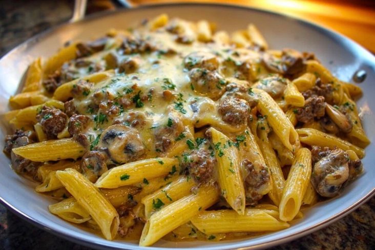 Creamy Velveeta Beef Stroganoff and Penne Pasta 1