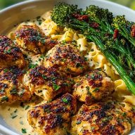 Easy Garlic-Parmesan Chicken Bites Recipe with Sun-Dried Tomato Cajun Alfredo & Charred Broccolini