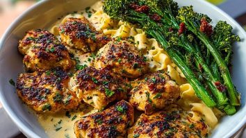 Easy Garlic-Parmesan Chicken Bites Recipe with Sun-Dried Tomato Cajun Alfredo & Charred Broccolini