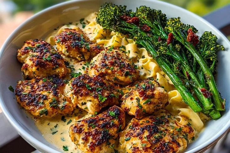 Easy Garlic-Parmesan Chicken Bites Recipe with Sun-Dried Tomato Cajun Alfredo & Charred Broccolini
