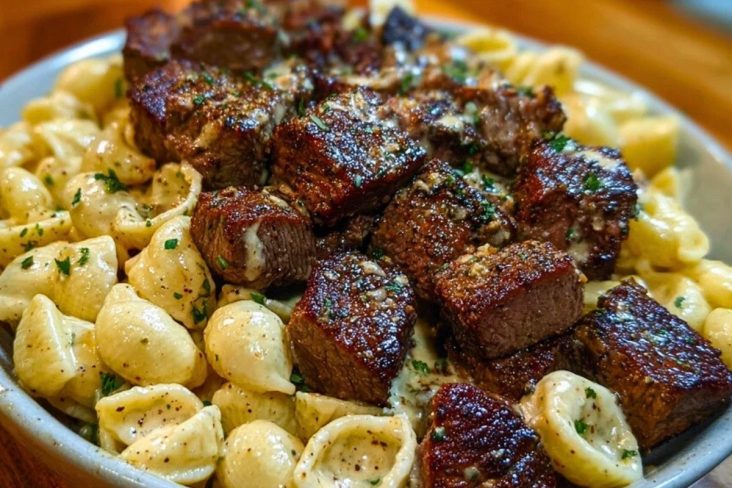 Garlic Butter Steak Bites & Creamy Chipotle White Cheddar Shells