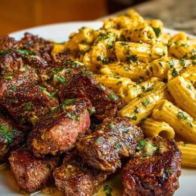 Garlic Butter Steak with Creamy Parmesan Rigatoni