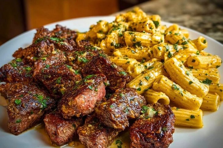 Garlic Butter Steak with Creamy Parmesan Rigatoni