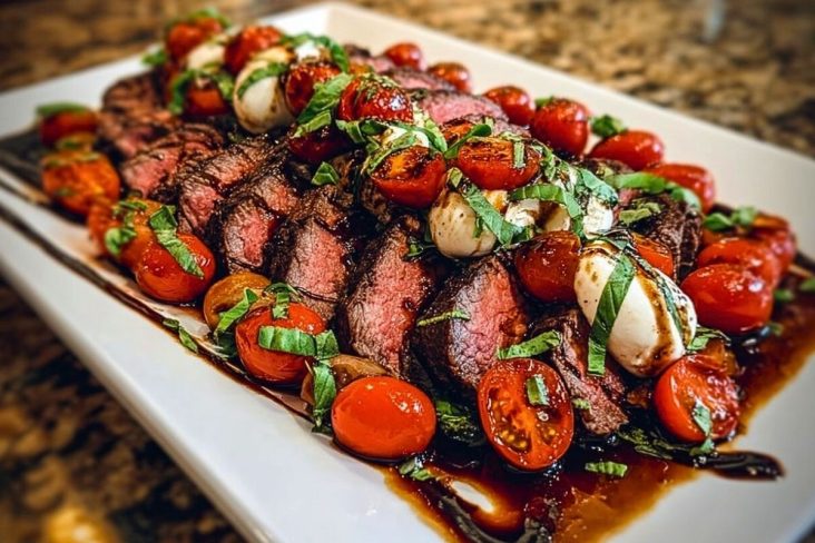 Grilled Balsamic Steak Caprese with Mozzarella, Tomatoes, and Basil