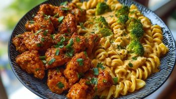 Hot Honey Garlic Chicken Bites & Cajun Alfredo with Crispy Broccoli Twists