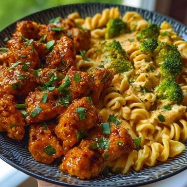Hot Honey Garlic Chicken Bites & Cajun Alfredo with Crispy Broccoli Twists