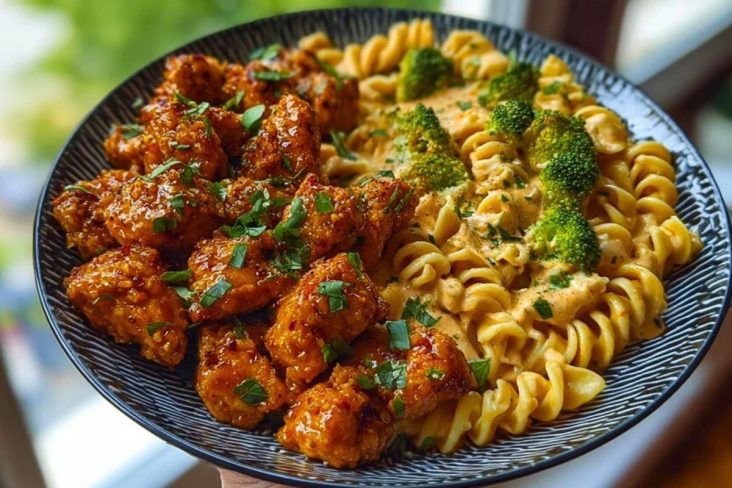 Hot Honey Garlic Chicken Bites & Cajun Alfredo with Crispy Broccoli Twists