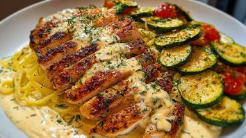 Lemon Dill Chicken Alfredo with Roasted Red Pepper Whipped Feta & Crispy Parmesan Zucchini
