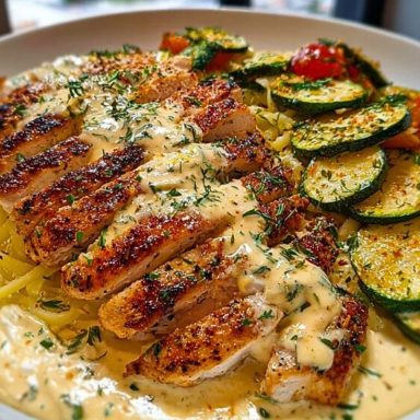 Lemon Dill Chicken Alfredo with Roasted Red Pepper Whipped Feta & Crispy Parmesan Zucchini