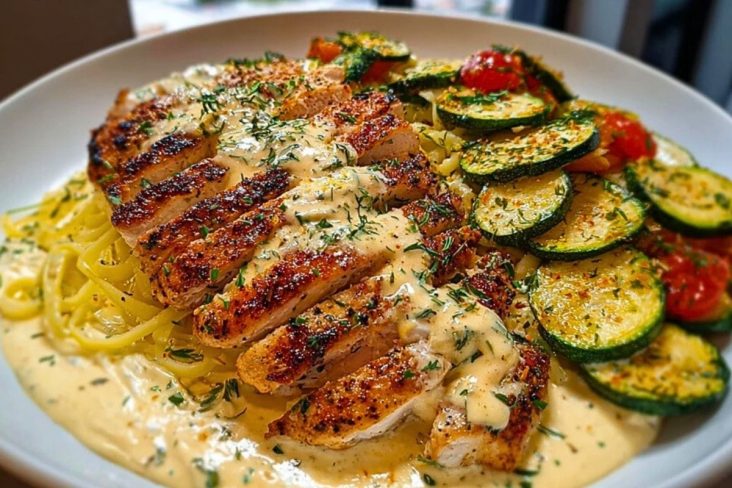 Lemon Dill Chicken Alfredo with Roasted Red Pepper Whipped Feta & Crispy Parmesan Zucchini