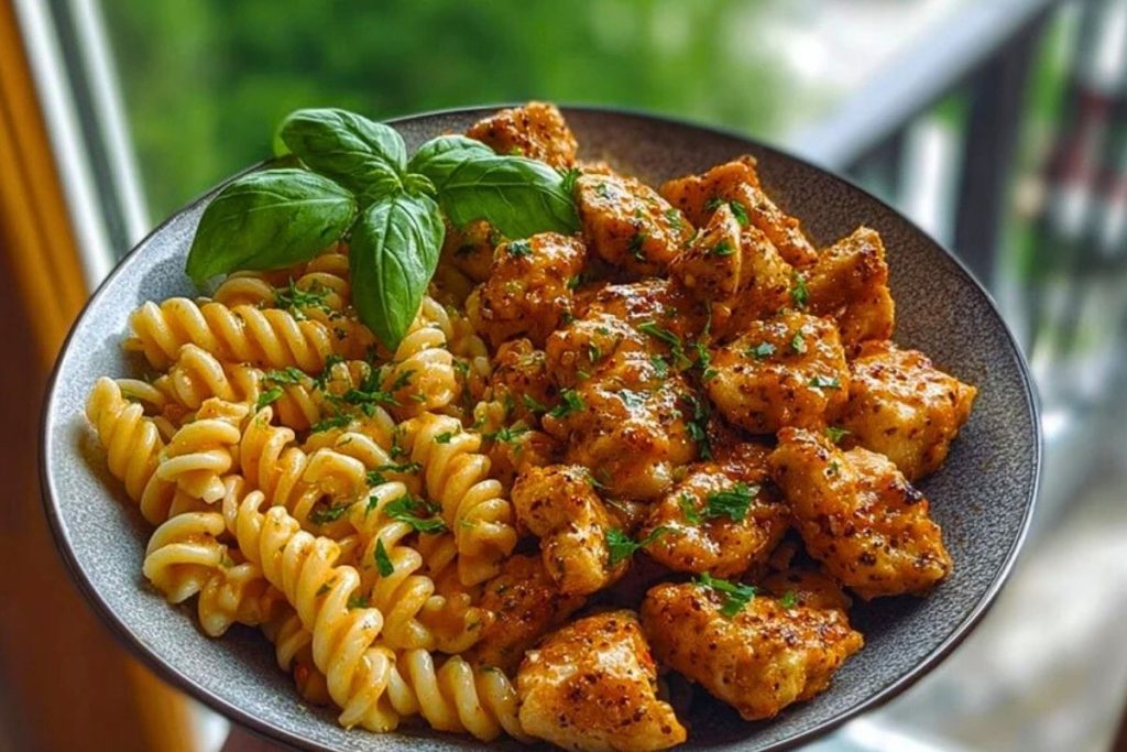 Lemon Pepper Chicken Bites & Roasted Red Pepper Cajun Alfredo Twists