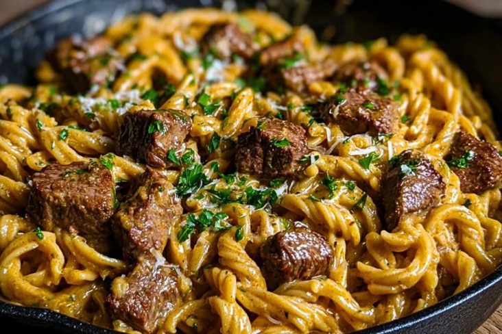 One-Pot Creamy Spicy Garlic Butter Steak & Pasta