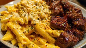 Penne with Creamy Velveeta Four-Cheese and Cajun Beef Bites
