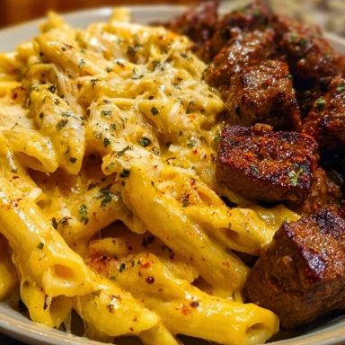 Penne with Creamy Velveeta Four-Cheese and Cajun Beef Bites