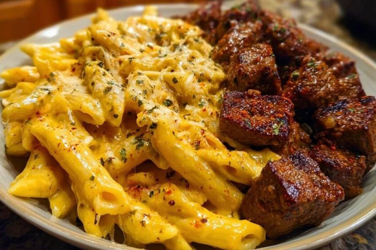 Penne with Creamy Velveeta Four-Cheese and Cajun Beef Bites