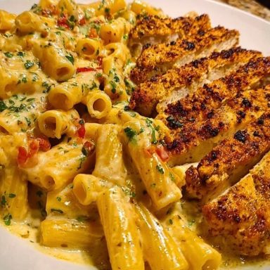 Spicy Cajun Chicken Rigatoni in Creamy Mozzarella Alfredo