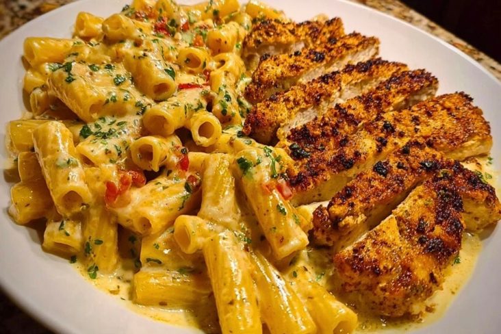 Spicy Cajun Chicken Rigatoni in Creamy Mozzarella Alfredo