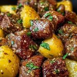 Air Fryer Garlic Butter Steak Bites and Potatoes