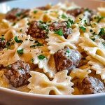 Beef and Bowtie Pasta with Alfredo Sauce
