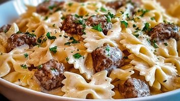 Beef and Bowtie Pasta with Alfredo Sauce