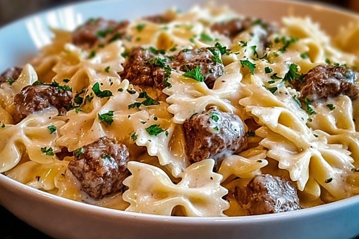 Beef and Bowtie Pasta with Alfredo Sauce