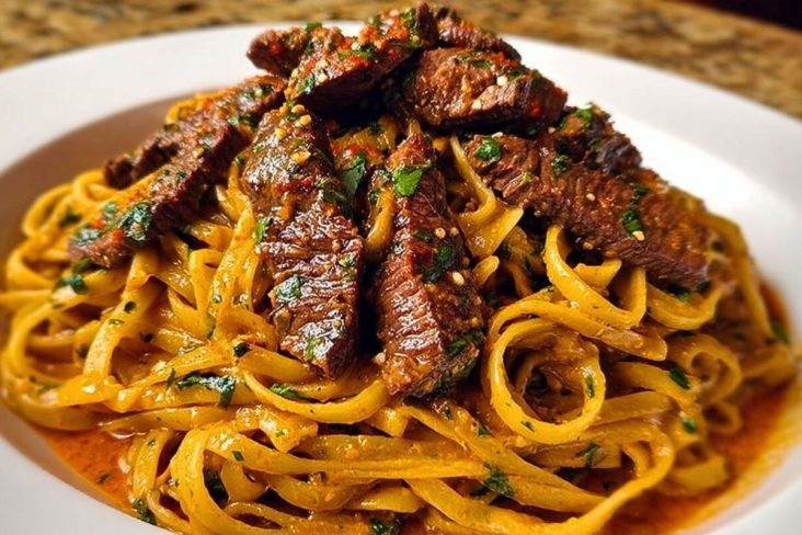 Cajun Garlic Butter Linguine with Tender Beef Strips