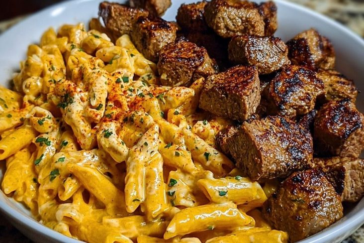 Cajun Steak Tips in Cheesy Penne Parmesan Sauce