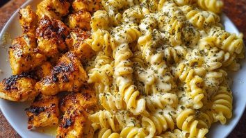 Cheesy Alfredo Twisted Pasta with Golden Garlic Butter Chicken in Creamy Sauce