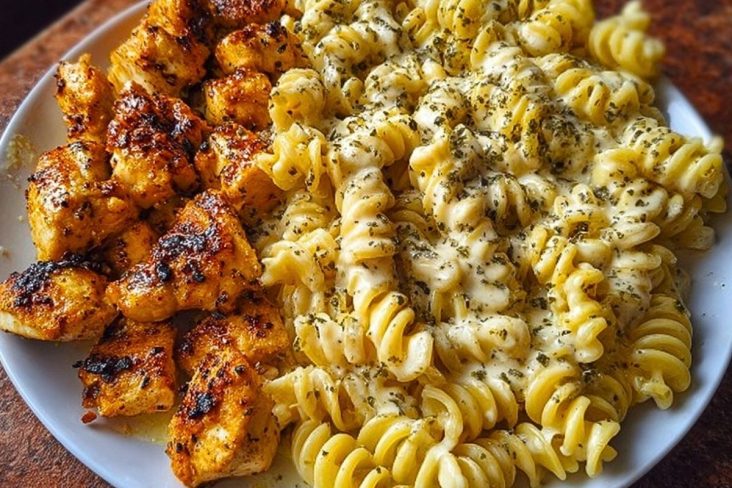 Cheesy Alfredo Twisted Pasta with Golden Garlic Butter Chicken in Creamy Sauce