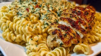 Cheesy Twisted Pasta with Creamy Garlic Parmesan Chicken