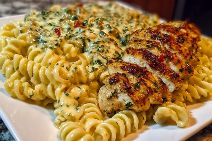 Cheesy Twisted Pasta with Creamy Garlic Parmesan Chicken