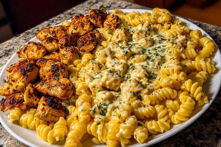 Cheesy Velveeta Chicken Twisted Pasta with Mozzarella Garlic Sauce