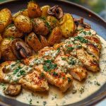 Chestnut Garlic Greek Chicken Alfredo with Sage Potatoes & Mushroom Basil Pesto